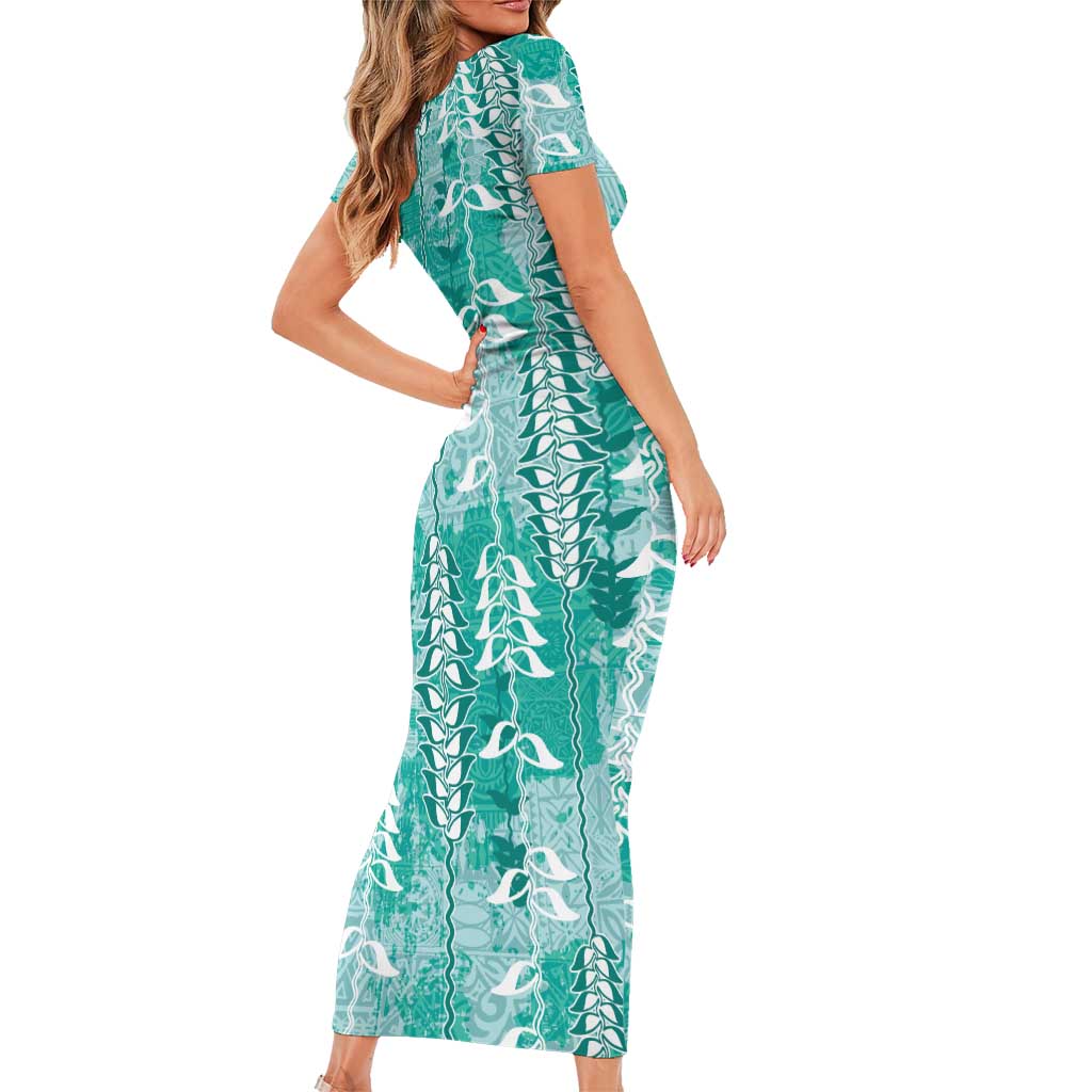 Teal Hawaii Tapa Pattern Family Matching Short Sleeve Bodycon Dress and Hawaiian Shirt With Heliconia Vintage Style LT05 - Polynesian Pride