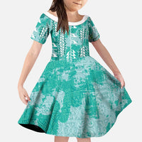 Teal Hawaii Tapa Pattern Family Matching Summer Maxi Dress and Hawaiian Shirt With Heliconia Vintage Style LT05 Daughter's Dress Teal - Polynesian Pride