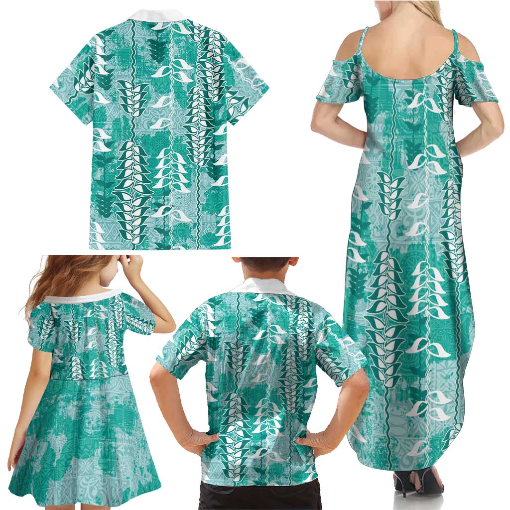 Teal Hawaii Tapa Pattern Family Matching Summer Maxi Dress and Hawaiian Shirt With Heliconia Vintage Style LT05 - Polynesian Pride