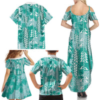 Teal Hawaii Tapa Pattern Family Matching Summer Maxi Dress and Hawaiian Shirt With Heliconia Vintage Style LT05 - Polynesian Pride