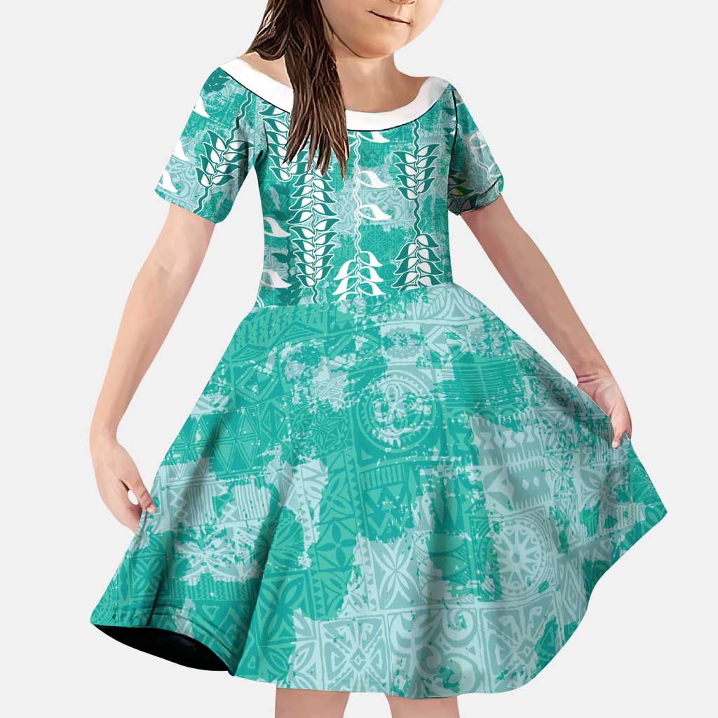 Teal Hawaii Tapa Pattern Family Matching Tank Maxi Dress and Hawaiian Shirt With Heliconia Vintage Style LT05 Daughter's Dress Teal - Polynesian Pride