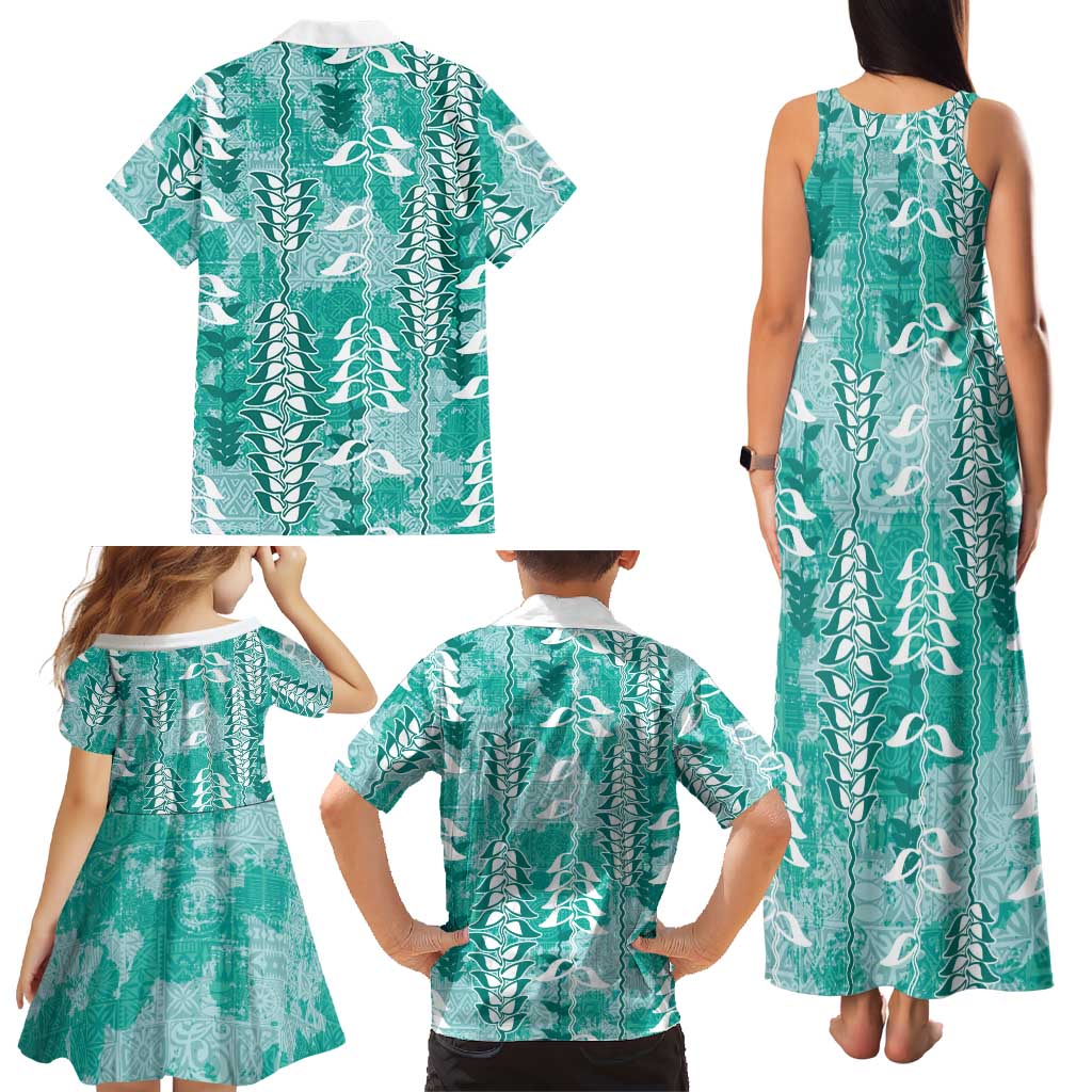 Teal Hawaii Tapa Pattern Family Matching Tank Maxi Dress and Hawaiian Shirt With Heliconia Vintage Style LT05 - Polynesian Pride