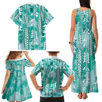 Teal Hawaii Tapa Pattern Family Matching Tank Maxi Dress and Hawaiian Shirt With Heliconia Vintage Style LT05 - Polynesian Pride