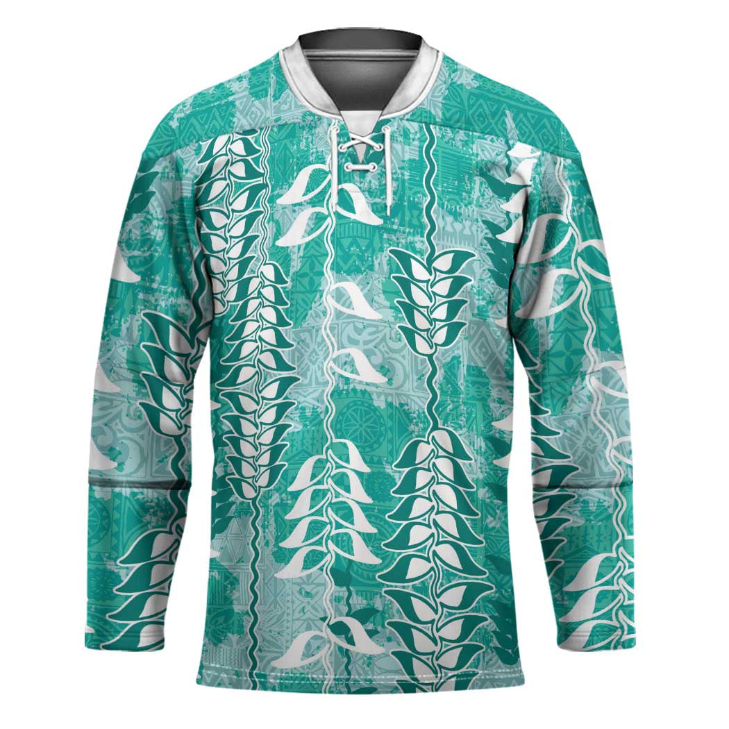 Teal Hawaii Tapa Pattern Hockey Jersey With Heliconia Vintage Style LT05 Unisex Teal - Polynesian Pride