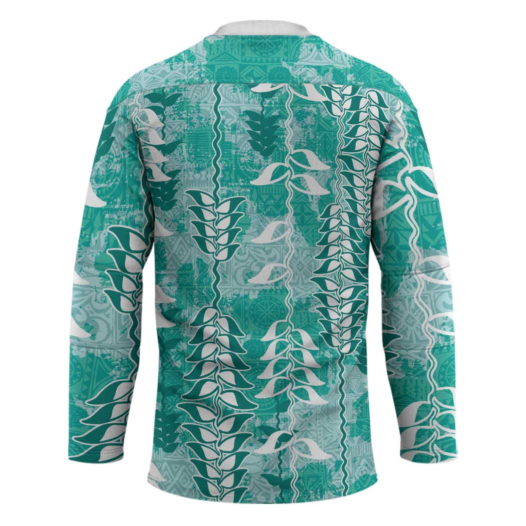 Teal Hawaii Tapa Pattern Hockey Jersey With Heliconia Vintage Style LT05 - Polynesian Pride