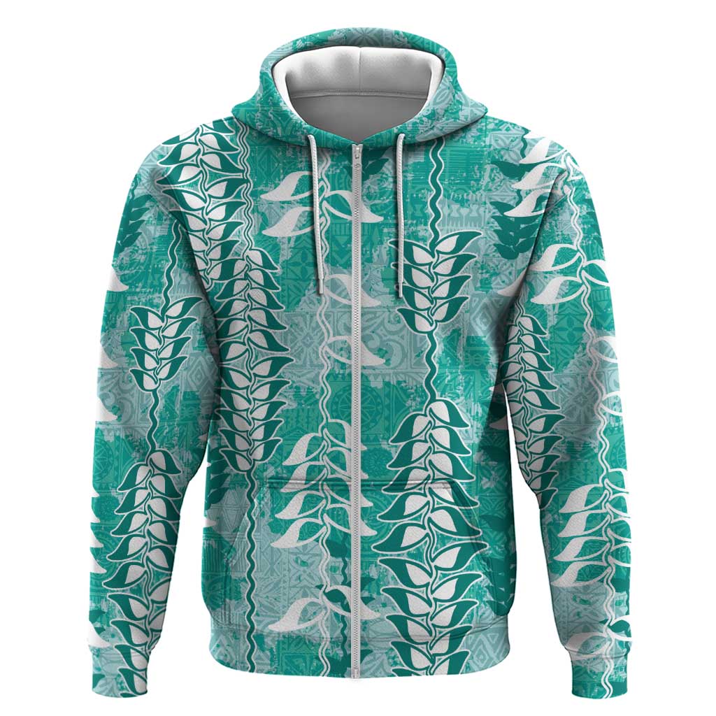Teal Hawaii Tapa Pattern Hoodie With Heliconia Vintage Style