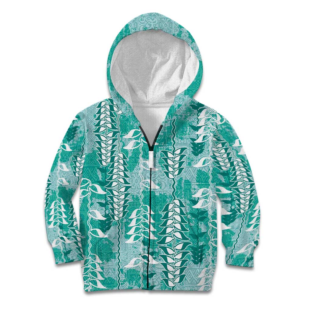 Teal Hawaii Tapa Pattern Kid Hoodie With Heliconia Vintage Style