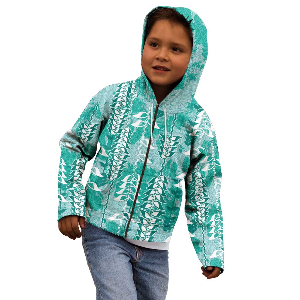 Teal Hawaii Tapa Pattern Kid Hoodie With Heliconia Vintage Style
