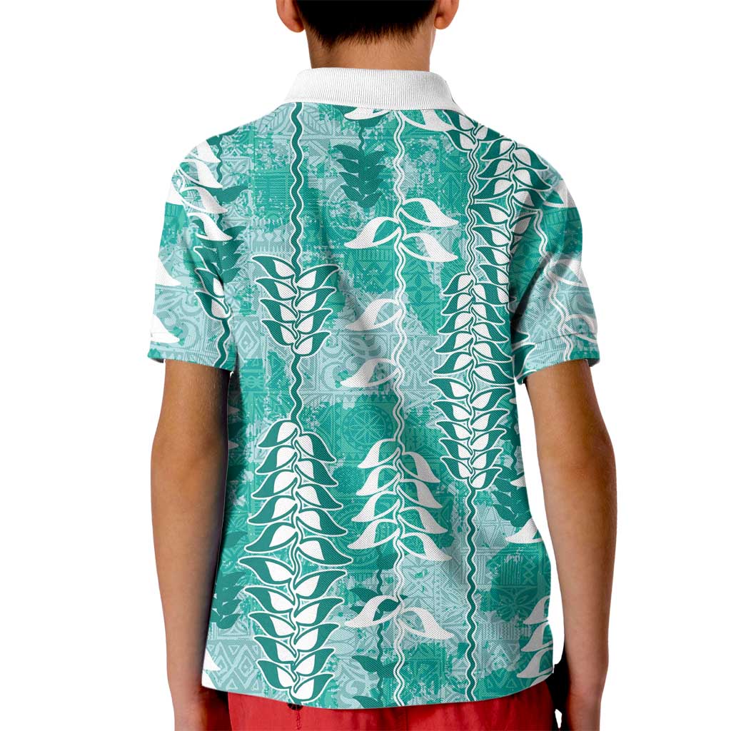 Teal Hawaii Tapa Pattern Kid Polo Shirt With Heliconia Vintage Style