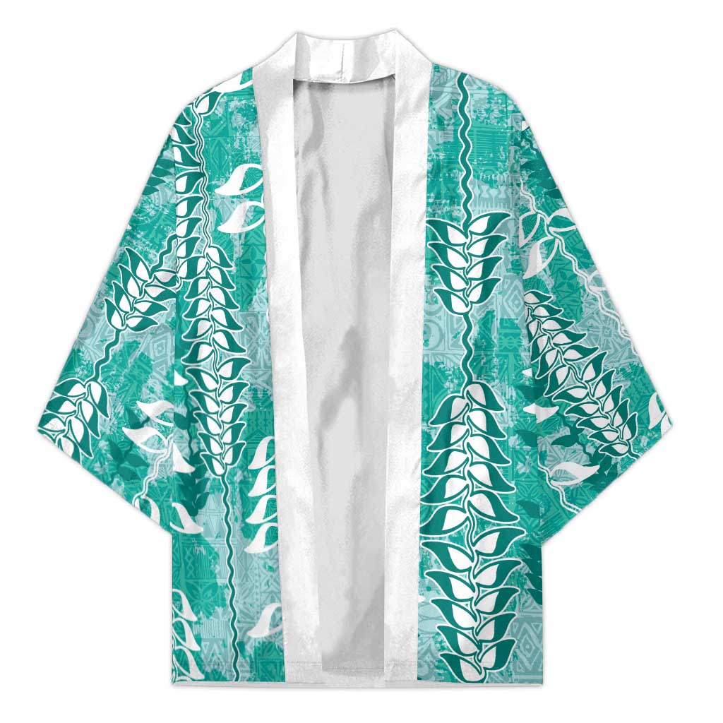 Teal Hawaii Tapa Pattern Kimono With Heliconia Vintage Style
