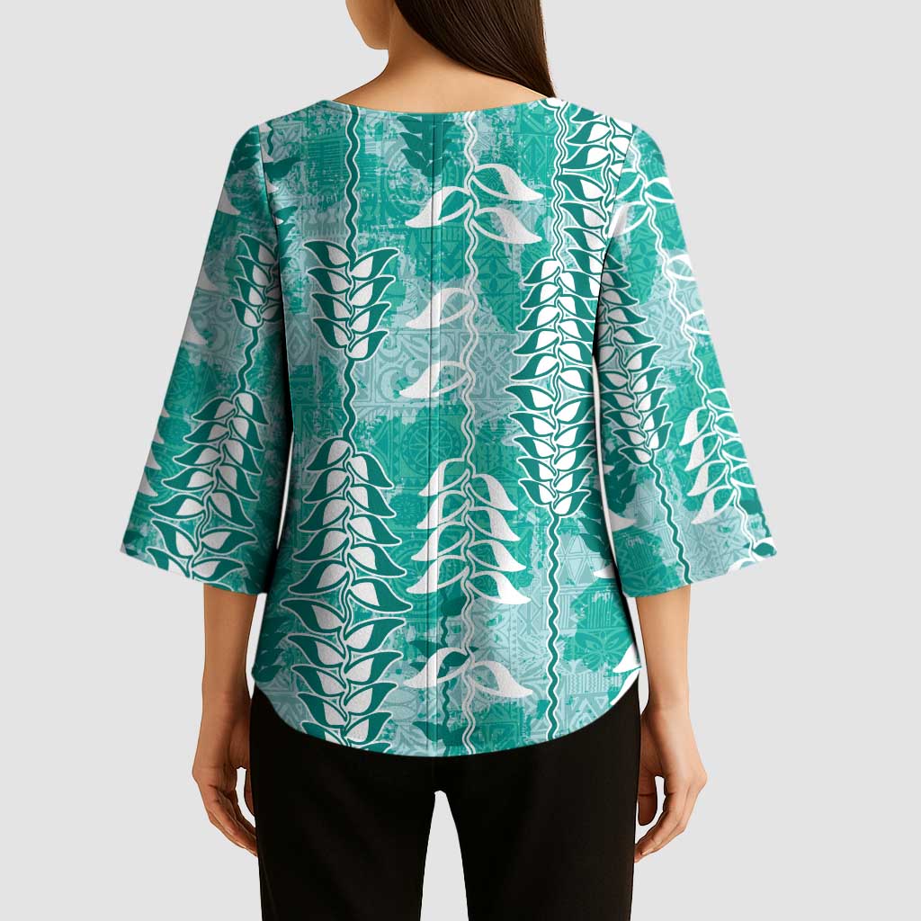 Teal Hawaii Tapa Pattern Kimono Sleeve Blouse With Heliconia Vintage Style