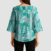 Teal Hawaii Tapa Pattern Kimono Sleeve Blouse With Heliconia Vintage Style