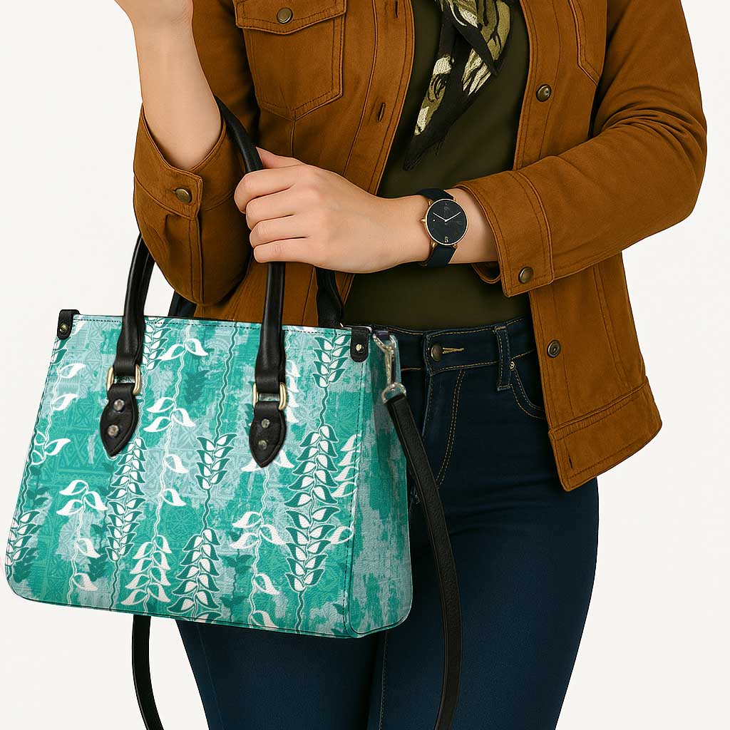 Teal Hawaii Tapa Pattern Leather Bag With Heliconia Vintage Style