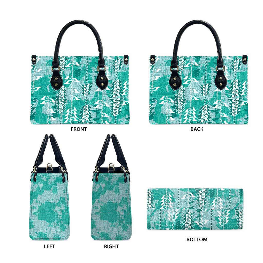 Teal Hawaii Tapa Pattern Leather Bag With Heliconia Vintage Style