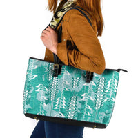 Teal Hawaii Tapa Pattern Leather Tote Bag With Heliconia Vintage Style