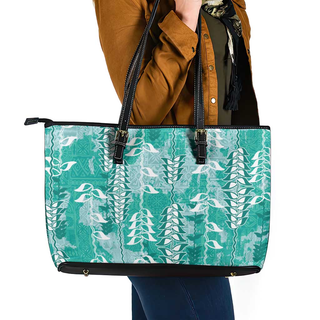 Teal Hawaii Tapa Pattern Leather Tote Bag With Heliconia Vintage Style