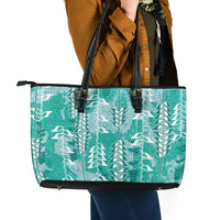 Teal Hawaii Tapa Pattern Leather Tote Bag With Heliconia Vintage Style