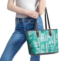 Teal Hawaii Tapa Pattern Leather Tote Bag With Heliconia Vintage Style