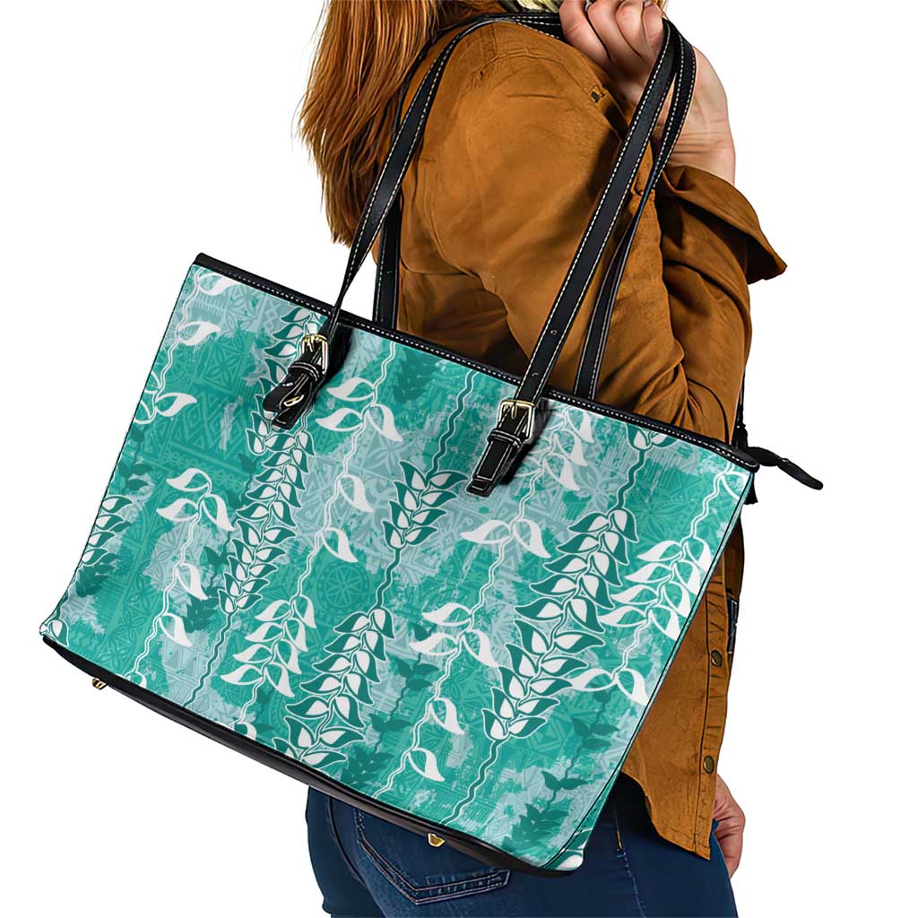 Teal Hawaii Tapa Pattern Leather Tote Bag With Heliconia Vintage Style