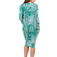 Teal Hawaii Tapa Pattern Long Sleeve Bodycon Dress With Heliconia Vintage Style