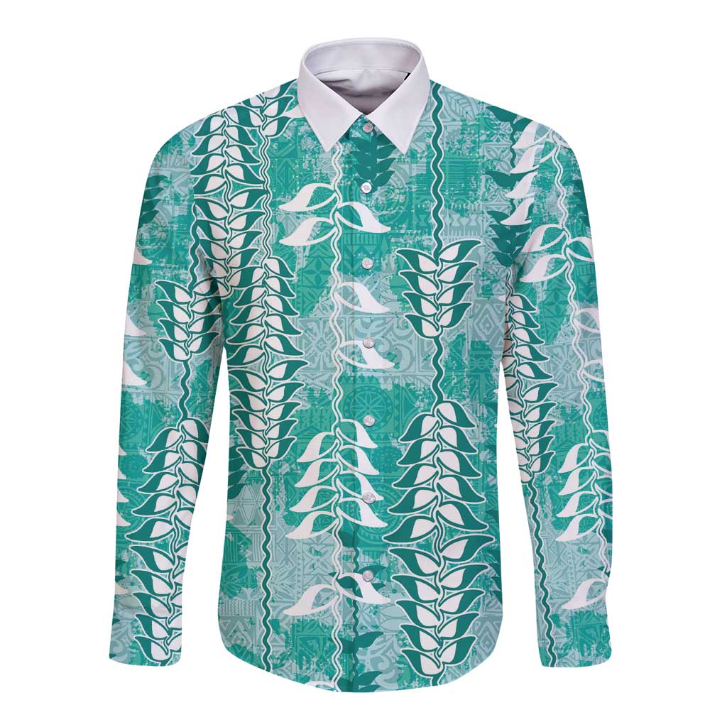 Teal Hawaii Tapa Pattern Long Sleeve Button Shirt With Heliconia Vintage Style