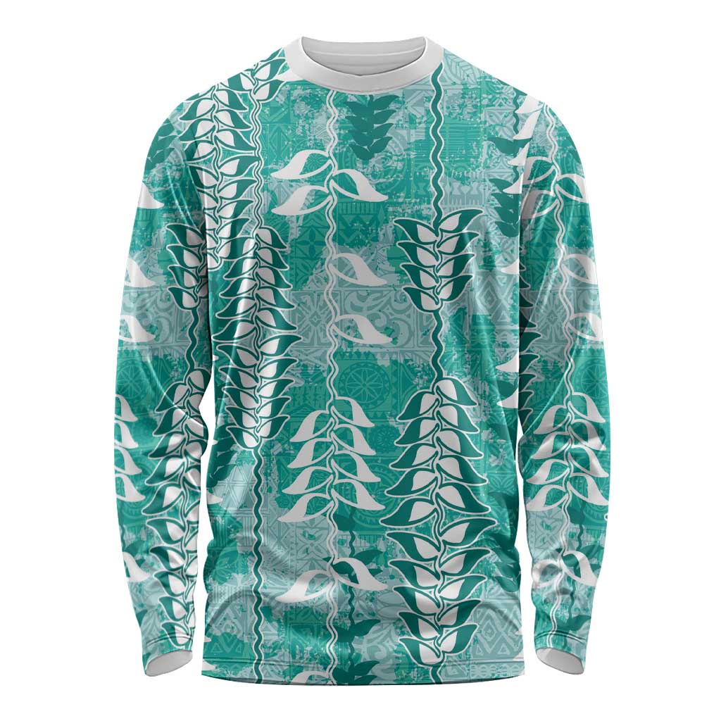 Teal Hawaii Tapa Pattern Long Sleeve Shirt With Heliconia Vintage Style