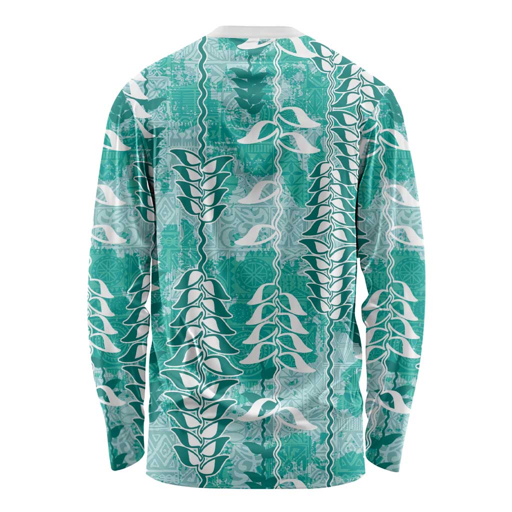 Teal Hawaii Tapa Pattern Long Sleeve Shirt With Heliconia Vintage Style