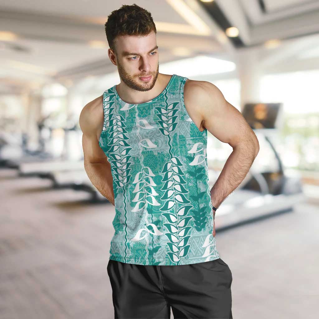 Teal Hawaii Tapa Pattern Men Tank Top With Heliconia Vintage Style LT05 Teal - Polynesian Pride