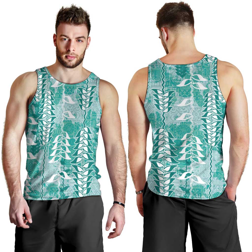 Teal Hawaii Tapa Pattern Men Tank Top With Heliconia Vintage Style LT05 - Polynesian Pride
