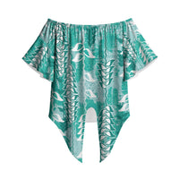 Teal Hawaii Tapa Pattern Off Shoulder Wrap Waist Top With Heliconia Vintage Style LT05 Teal - Polynesian Pride