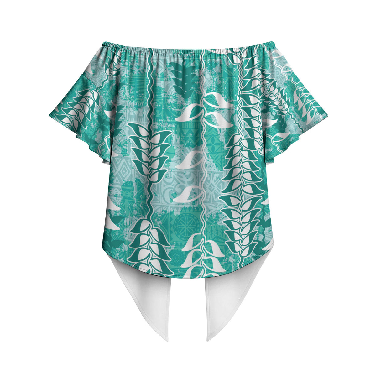 Teal Hawaii Tapa Pattern Off Shoulder Wrap Waist Top With Heliconia Vintage Style LT05 - Polynesian Pride
