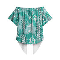 Teal Hawaii Tapa Pattern Off Shoulder Wrap Waist Top With Heliconia Vintage Style LT05 - Polynesian Pride