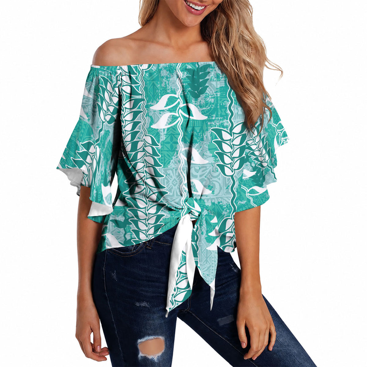Teal Hawaii Tapa Pattern Off Shoulder Wrap Waist Top With Heliconia Vintage Style LT05 - Polynesian Pride