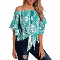 Teal Hawaii Tapa Pattern Off Shoulder Wrap Waist Top With Heliconia Vintage Style LT05 - Polynesian Pride
