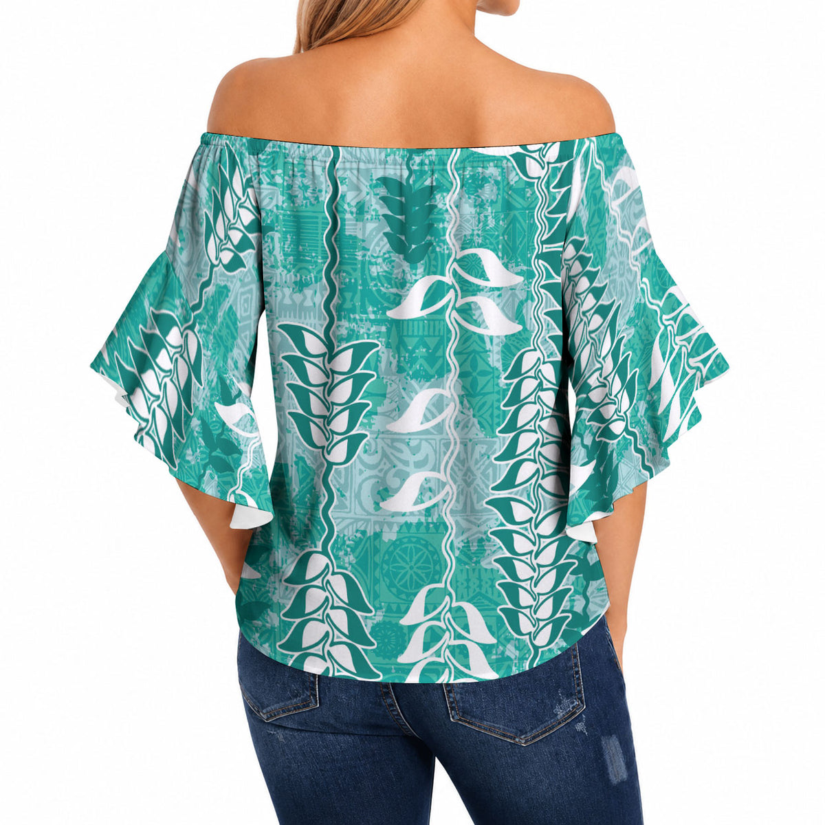 Teal Hawaii Tapa Pattern Off Shoulder Wrap Waist Top With Heliconia Vintage Style LT05 - Polynesian Pride