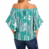 Teal Hawaii Tapa Pattern Off Shoulder Wrap Waist Top With Heliconia Vintage Style LT05 - Polynesian Pride