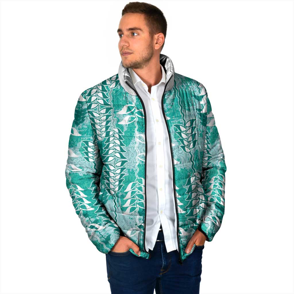 Teal Hawaii Tapa Pattern Padded Jacket With Heliconia Vintage Style