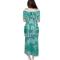 Teal Hawaii Tapa Pattern Puletasi With Heliconia Vintage Style