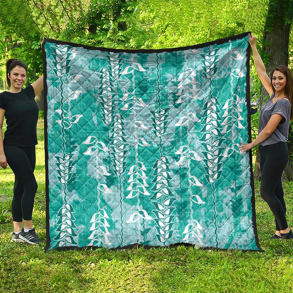 Teal Hawaii Tapa Pattern Quilt With Heliconia Vintage Style