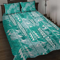 Teal Hawaii Tapa Pattern Quilt Bed Set With Heliconia Vintage Style