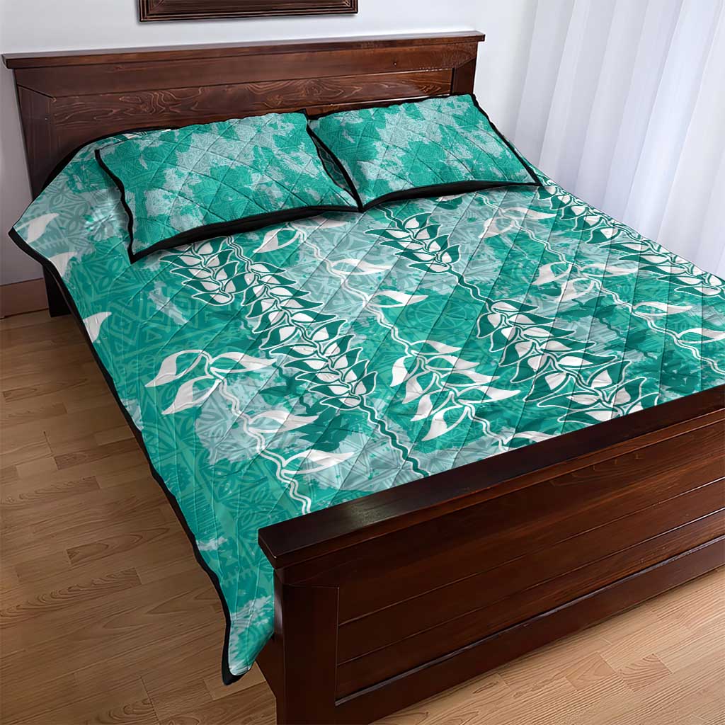 Teal Hawaii Tapa Pattern Quilt Bed Set With Heliconia Vintage Style