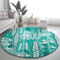 Teal Hawaii Tapa Pattern Round Carpet With Heliconia Vintage Style