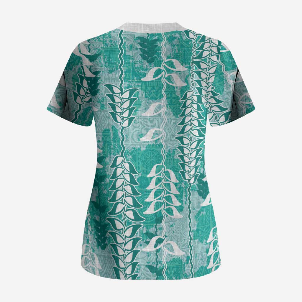 Teal Hawaii Tapa Pattern Scrub Top With Heliconia Vintage Style
