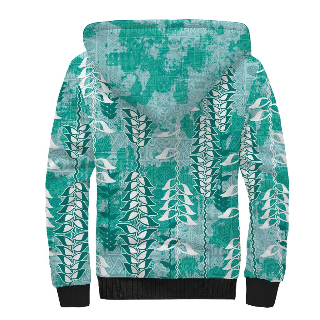 Teal Hawaii Tapa Pattern Sherpa Hoodie With Heliconia Vintage Style