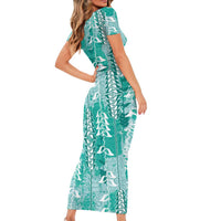 Teal Hawaii Tapa Pattern Short Sleeve Bodycon Dress With Heliconia Vintage Style