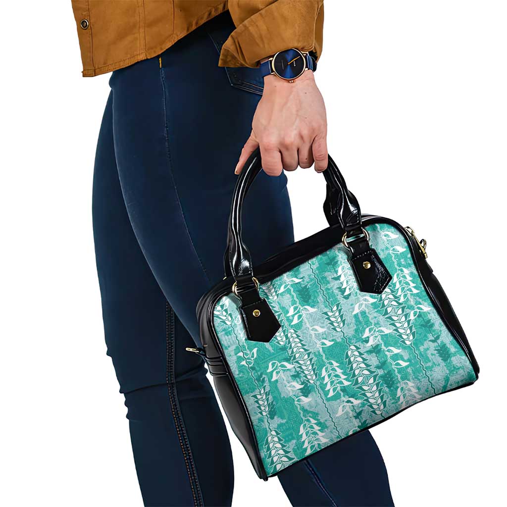Teal Hawaii Tapa Pattern Shoulder Handbag With Heliconia Vintage Style