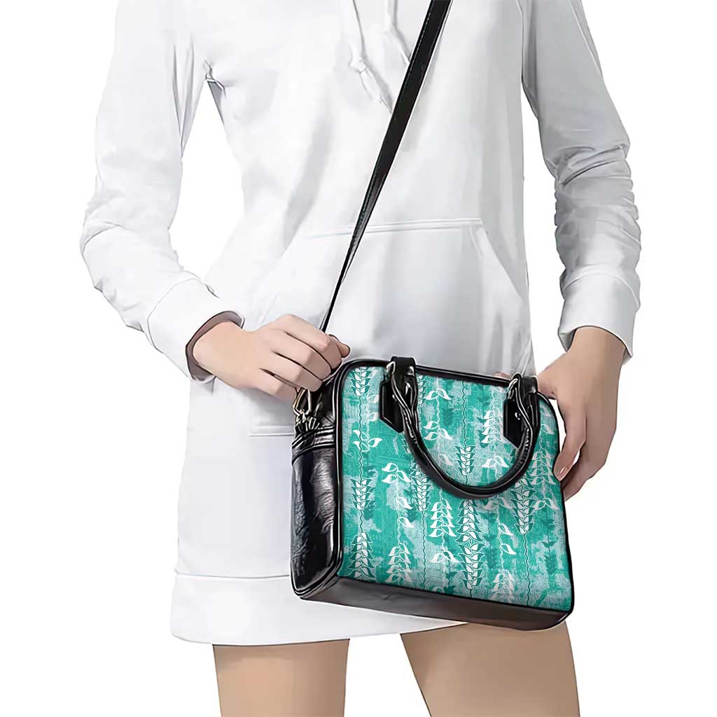 Teal Hawaii Tapa Pattern Shoulder Handbag With Heliconia Vintage Style