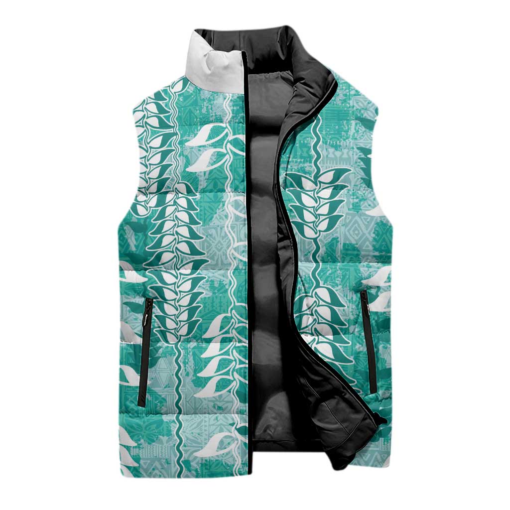 Teal Hawaii Tapa Pattern Sleeveless Puffer Jacket With Heliconia Vintage Style