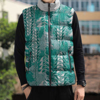Teal Hawaii Tapa Pattern Sleeveless Puffer Jacket With Heliconia Vintage Style
