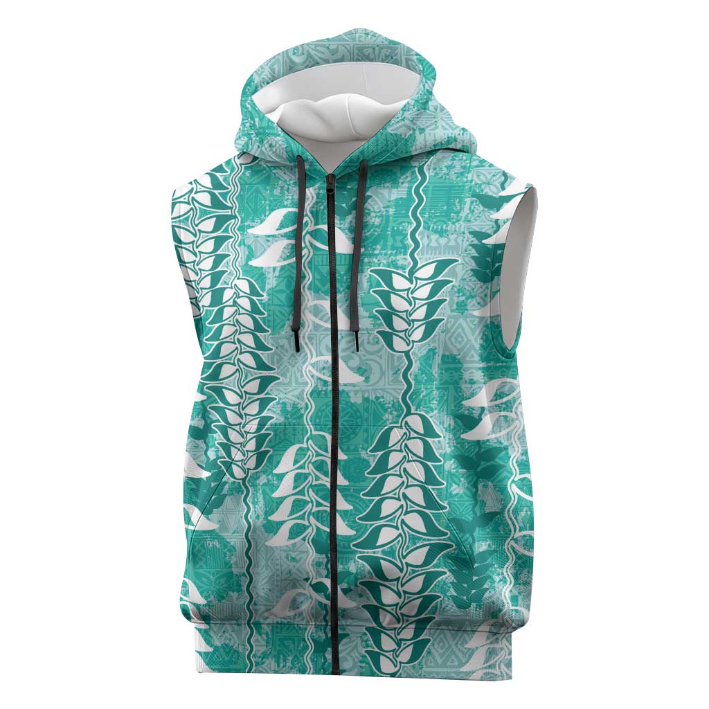 Teal Hawaii Tapa Pattern Sleeveless Zip Hoodie With Heliconia Vintage Style